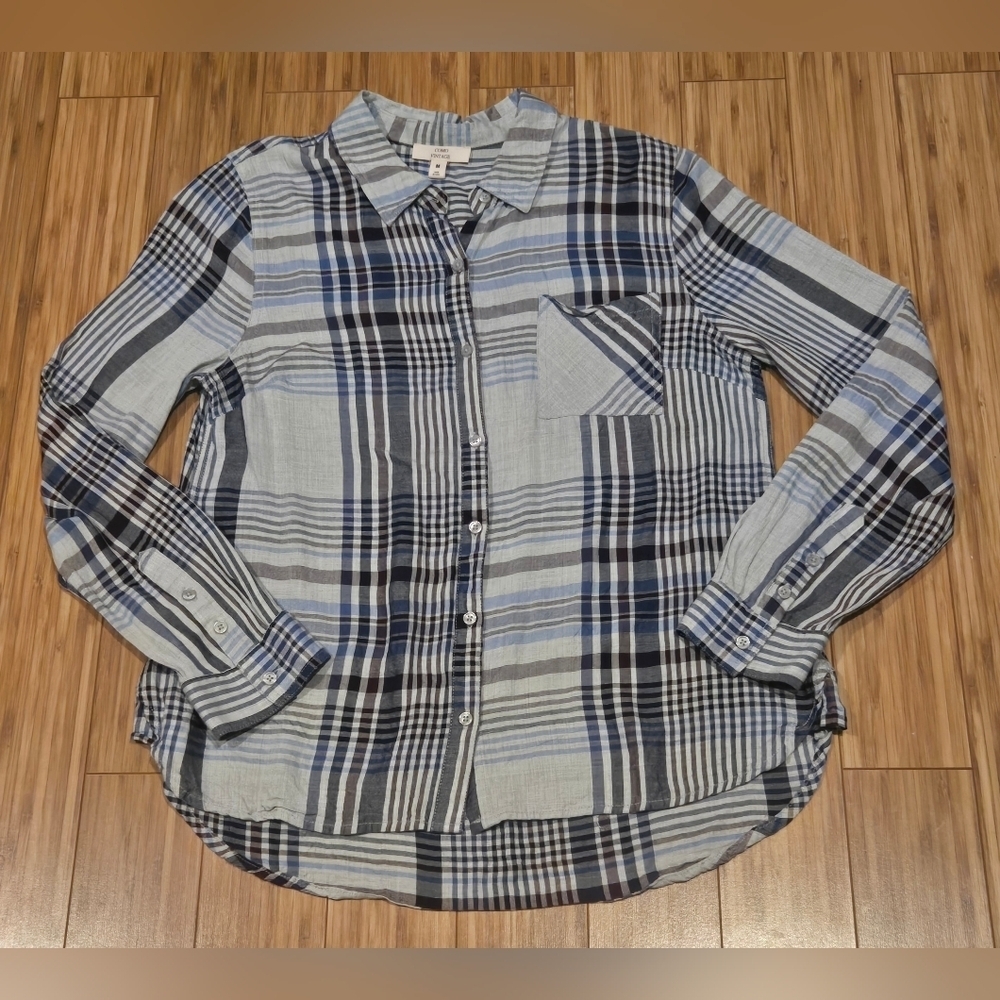 NWOT Como Vintage Blue and White Plaid Button-Up Shirt